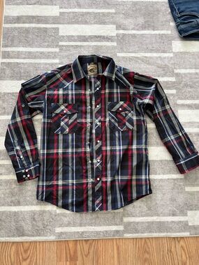 Coevals club Men's Plaid Button-Up Shirt in Navy, Red & White